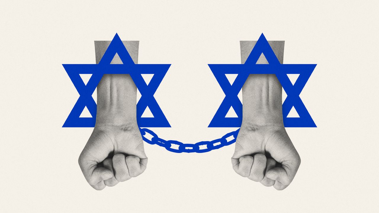 Illustration of hands in handcuffs shaped like the Star of David from the Israeli flag