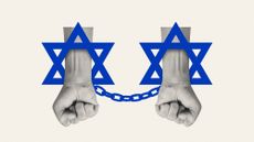 Illustration of hands in handcuffs shaped like the Star of David from the Israeli flag