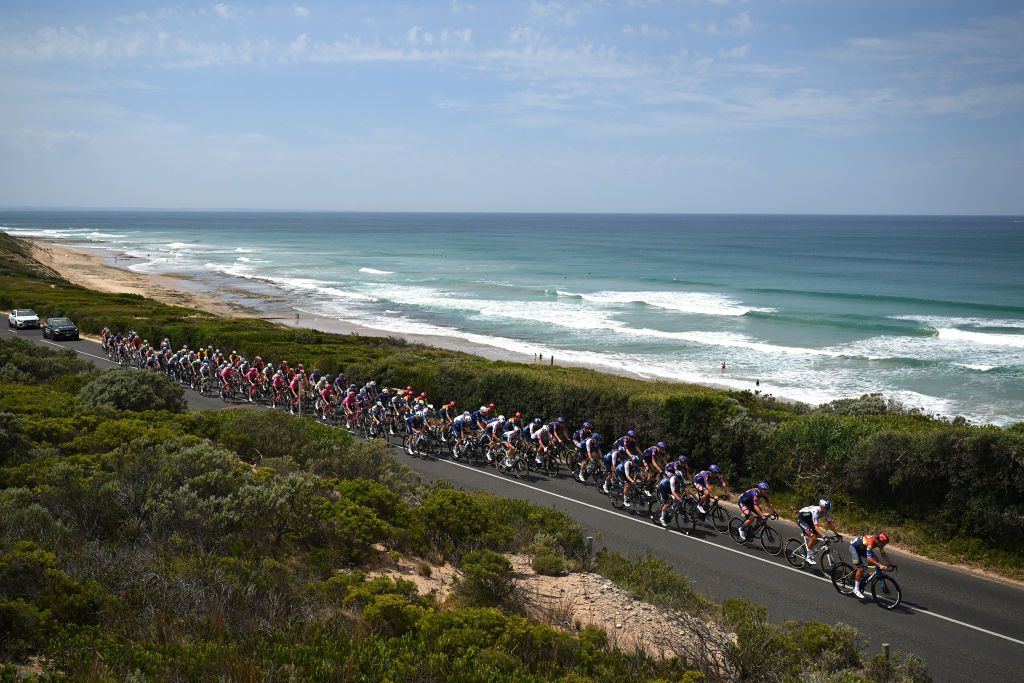 GEELONG AUSTRALIA FEBRUARY 02 A general view of the peloton passing through Thirteenth Beach landscape during the 9th Cadel Evans Great Ocean Road Race 2025 Mens Elite a 1838km one day race from Geelong to Geelong UCIWT on February 02 2025 in Geelong Australia Photo by Dario BelingheriGetty Images