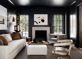 Black living room with white sofa