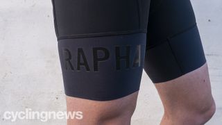 The Rapha logo on the outside of the legs on the Rapha Pro Team II bib shorts