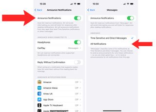 Steps for changing individual message settings on iOS Settings.