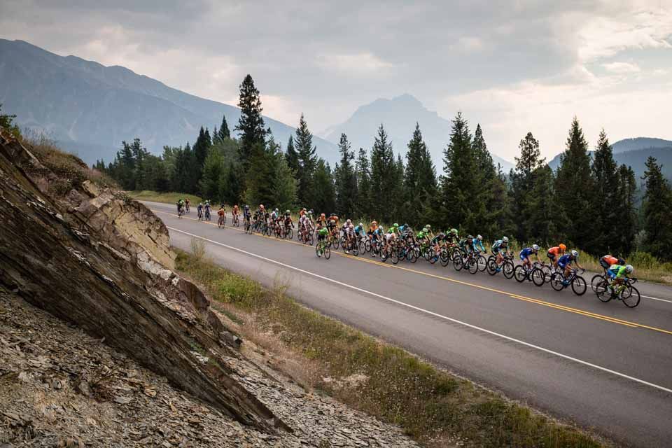 The Tour of Alberta peloton in Jasper National Park.