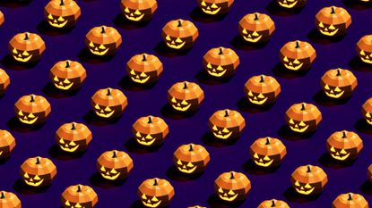 Is Halloween a holiday is revealed as Halloween carved spooky pumpkins feature on a pattern background