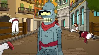 A roughed up Bender kneels uncomfortably on a stone street on Futurama.