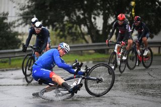 ROUBAIX FRANCE OCTOBER 03 Stefan Kung of Switzerland and Team Groupama FDJ crashes during the 118th ParisRoubaix 2021 Mens Eilte a 2577km race from Compigne to Roubaix ParisRoubaix on October 03 2021 in Roubaix France Photo by Tim de WaeleGetty Images