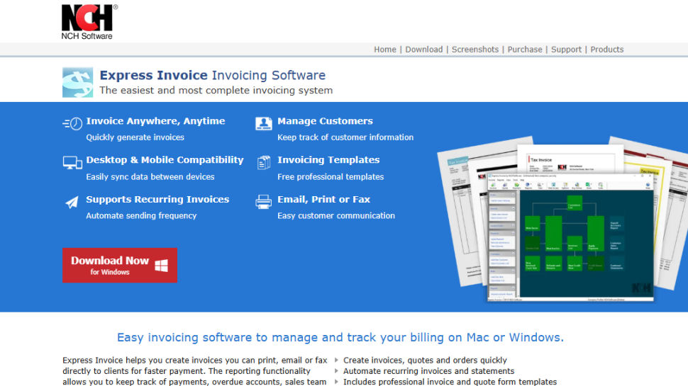 NCH Express Invoice website screenshot (May 2025)