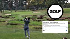 A golfer playing a tee shot into a par 3 and the Golf Monthly logo and a Google Preferred Sources box overlayed