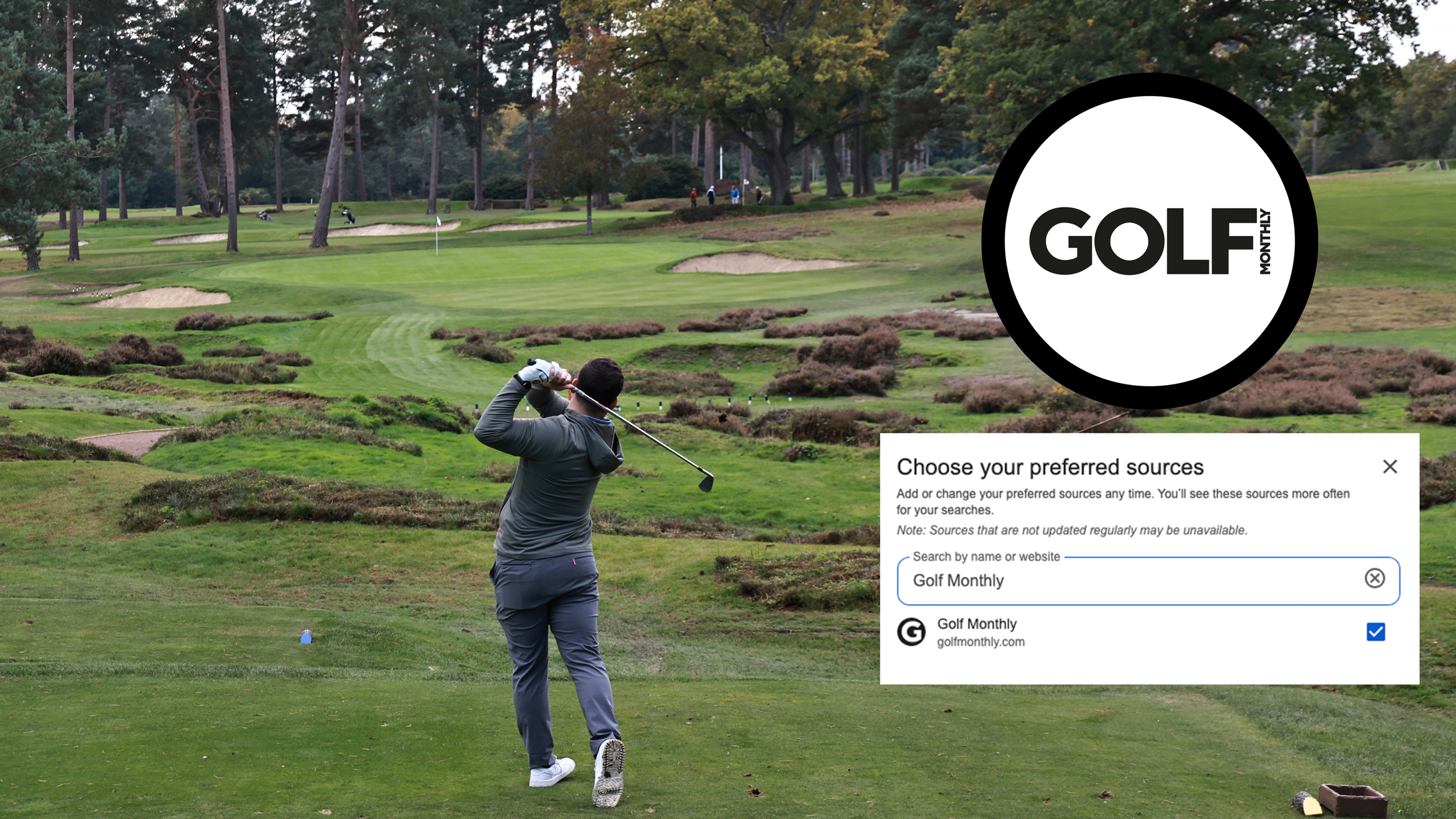 A golfer playing a tee shot into a par 3 and the Golf Monthly logo and a Google Preferred Sources box overlayed