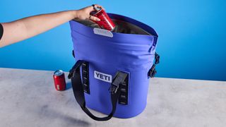 the yeti hopper m15 cool bag with a padded carry strap, handles, and a 15 quart capacity photographed with coke zero cans against a blue background