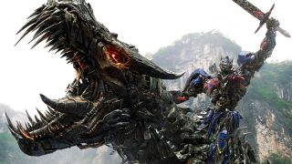 Still from the movie Transformers: Age of Extinction (2014). Here we see the Transformer Optimus Prime riding upon a mechanical dinosaur whilst holding a loft a broadsword.