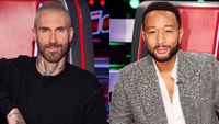 Adam Levine and John Legend are seen sitting in their Big Red Chairs on The Voice.