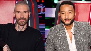 Adam Levine and John Legend are seen sitting in their Big Red Chairs on The Voice.