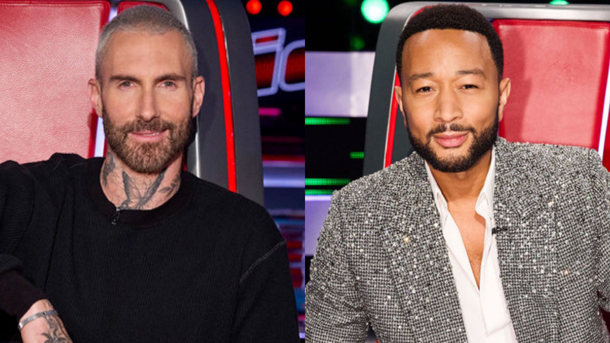 Adam Levine and John Legend are seen sitting in their Big Red Chairs on The Voice.