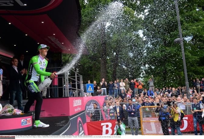 Marco Canola (Bardiani CSF) spray the stage winners champange