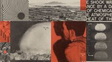 Photo composite illustration of nuclear bomb tests, maps of Japan and Hiroshima, urban devastation and a survivor