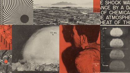 Photo composite illustration of nuclear bomb tests, maps of Japan and Hiroshima, urban devastation and a survivor