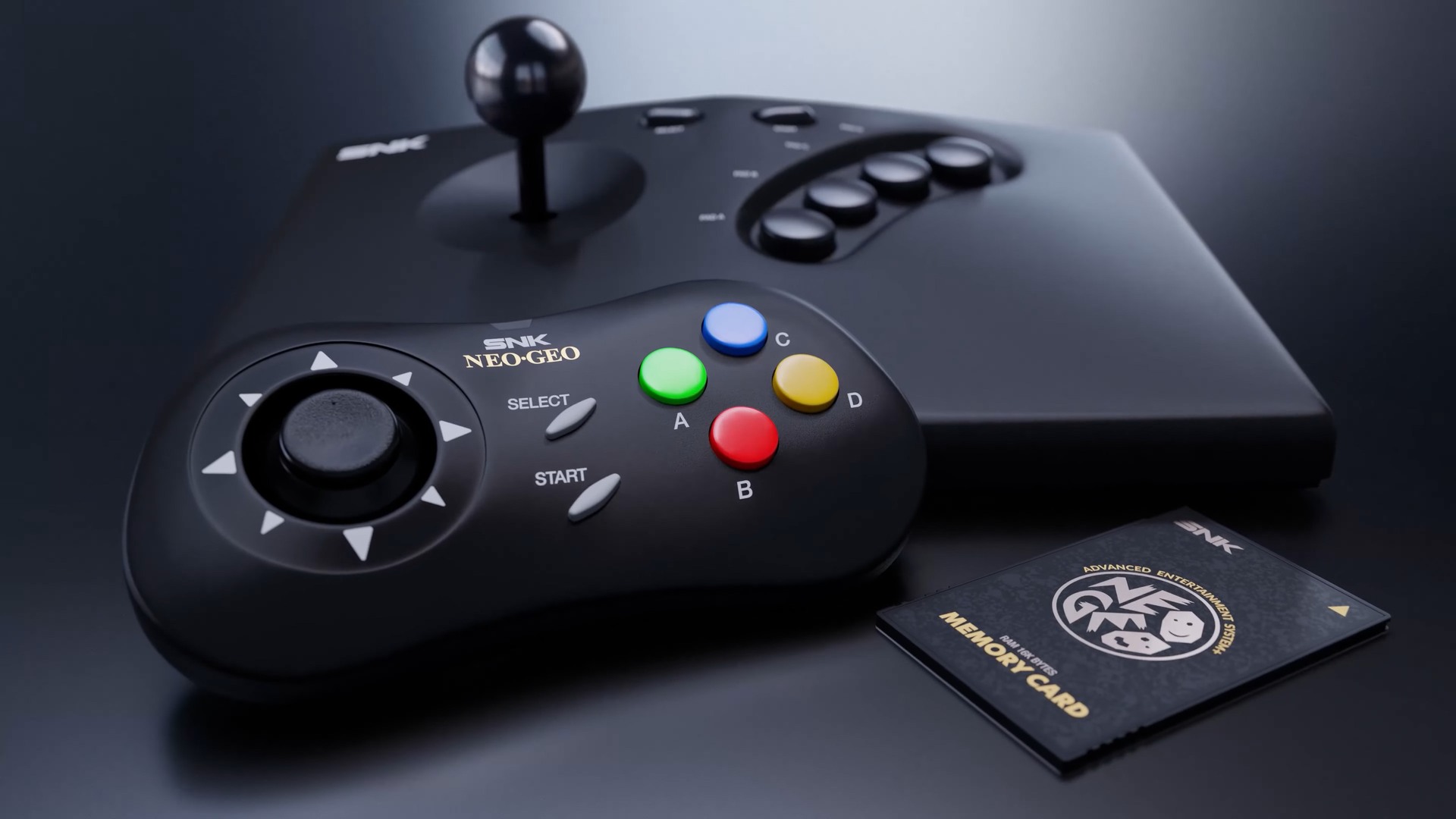 A render showing the two controllers available for the SNK NeoGeo AES+, the original stick and the four-button pad from the NeoGeo CD.