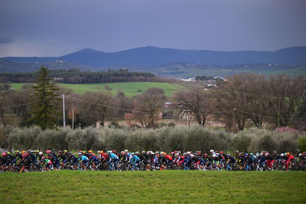 GUALDO TADINO ITALY MARCH 06 A general view of the peloton competing during the 59th TirrenoAdriatico 2024 Stage 3 a 225km stage from Volterra to Gualdo Tadino 527m UCIWT on March 06 2024 in Gualdo Tadino Italy Photo by Tim de WaeleGetty Images