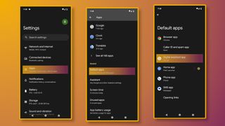 Images showing users how to navigate through Android smartphone menus to set Microsoft Copilot as the default assistant instead of Google Assistant