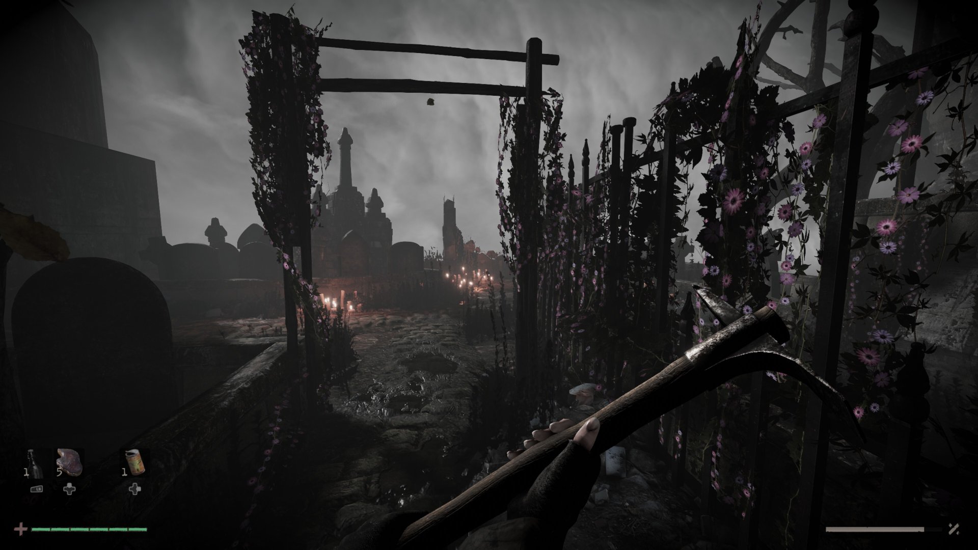 Total Chaos screenshot showing the protagonist from a first-person perspective looking out over a dark graveyard while holding a pickaxe