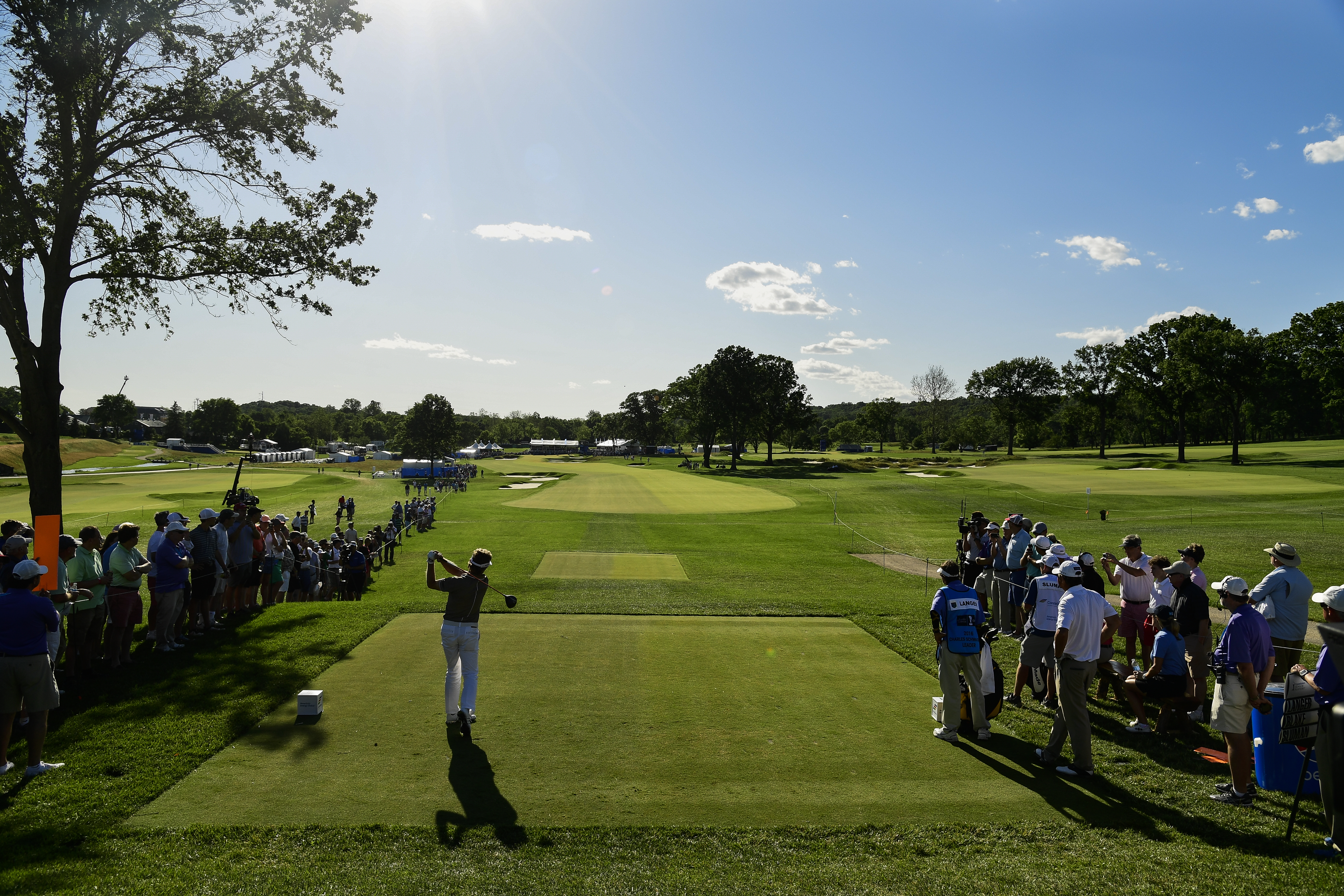 Bernhard Langer hits a tee shot at the Philadelphia Cricket Club