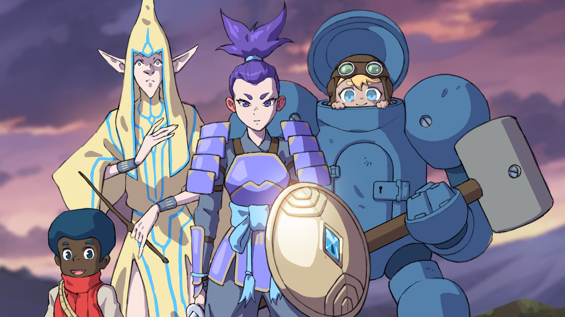 A group of warriors with colorful armor and weapons stare into the foreground