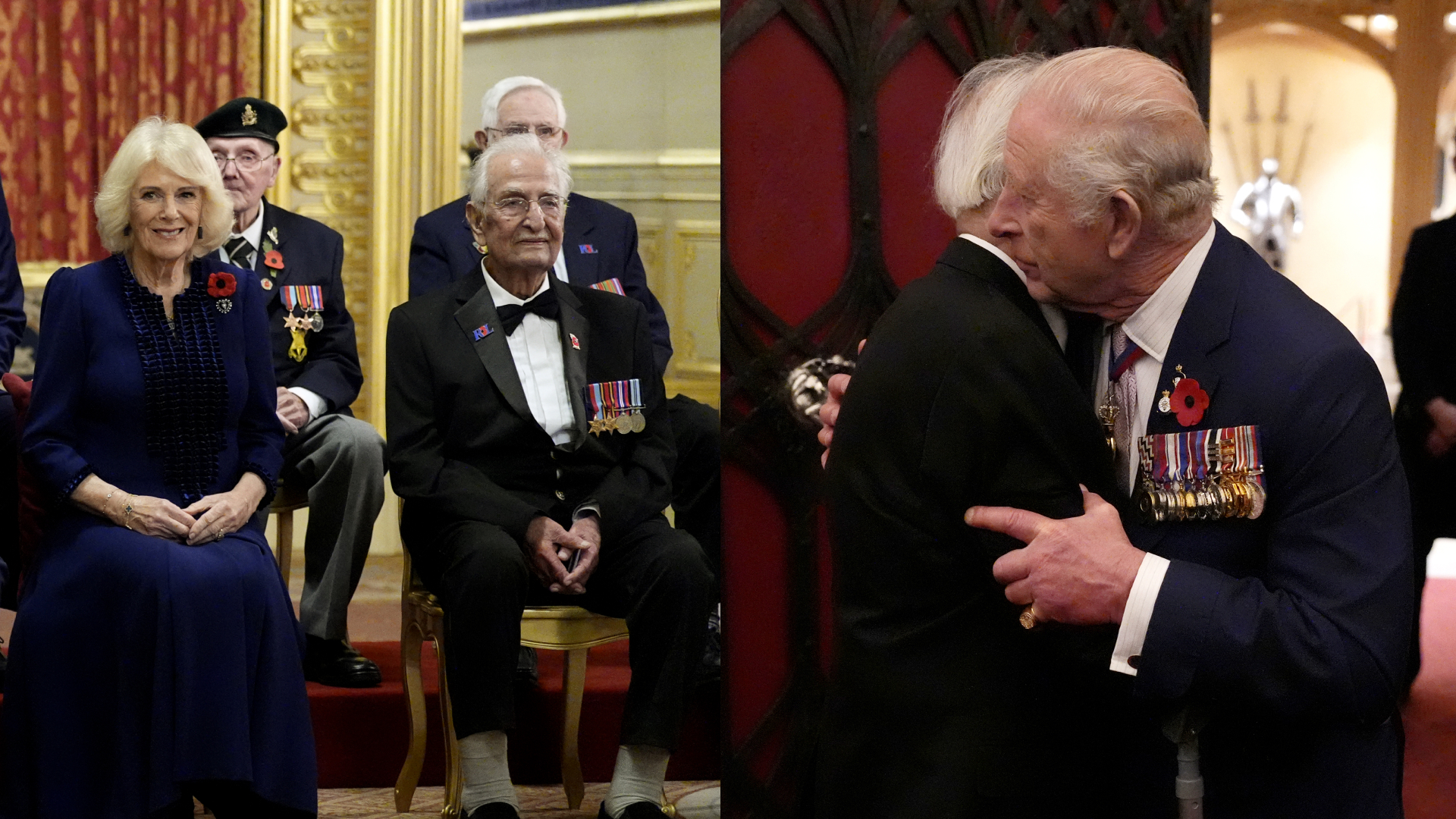 King Charles hugging a veteran; Queen Camilla sitting in seats with veterans