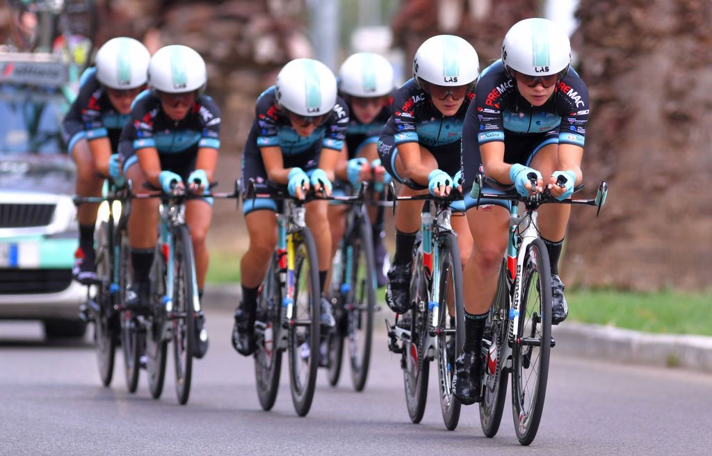 GROSSETO ITALY SEPTEMBER 11 Elena Franchi of Italy Alice Gasparini of Italy Beatrice Rossato of Italy Arianna Sessi of Italy Martina Fidanza of Italy and Francesca Pisciali of Italy and Team Eurotarget Bianchi Vittoria during the 31st Giro dItalia Internazionale Femminile 2020 Stage 1 a 168km Team Time Trial from Grosseto to Grosseto TTT GiroRosaIccrea GiroRosa on September 11 2020 in Grosseto Italy Photo by Luc ClaessenGetty Images