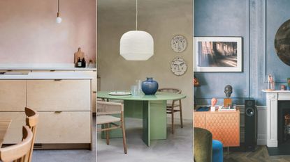 Three images featuring rooms with color-washed walls