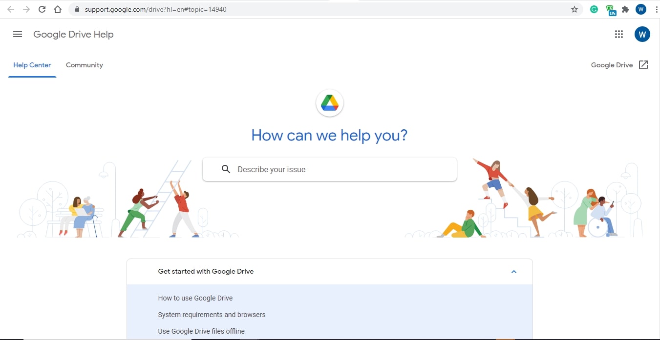 Google Drive's online support webpage