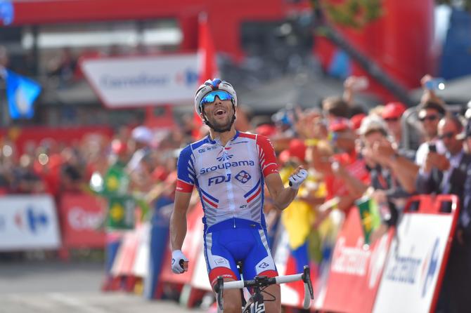 Thibaut Pinot celebrates winning stage 19 at the Vuelta