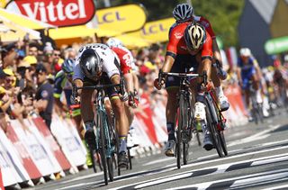 Peter Sagan and Sonny Colbrelli sprint for the finish line of stage 2 at the Tour de France