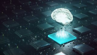 A digital brain above a chip to indicate AI