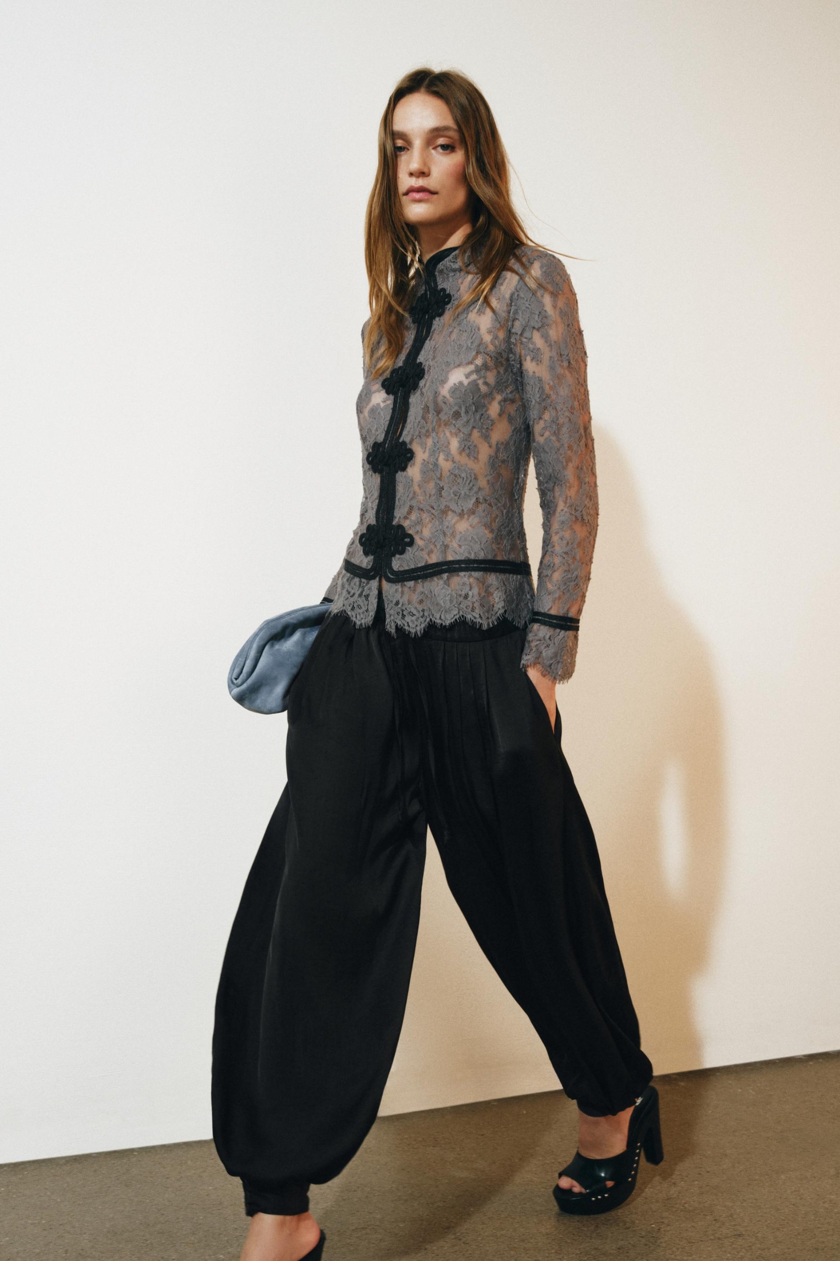 Zw Collection Lace Shirt With Frog Fastening - Mid-Gray - Xs