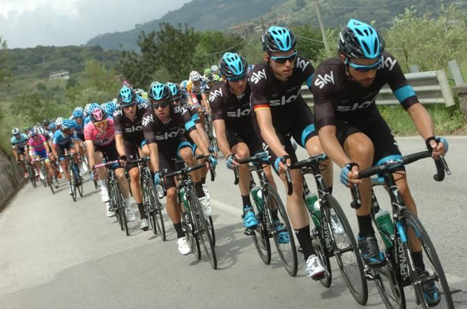 Sky sets tempo in the peloton with their young Italian Salvatore Puccio in the pink leader's jersey.