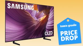 The Samsung S85F OLED TV alongside a superimposed, blue-colored badge that reads: "Tom's Guide Price Drop"