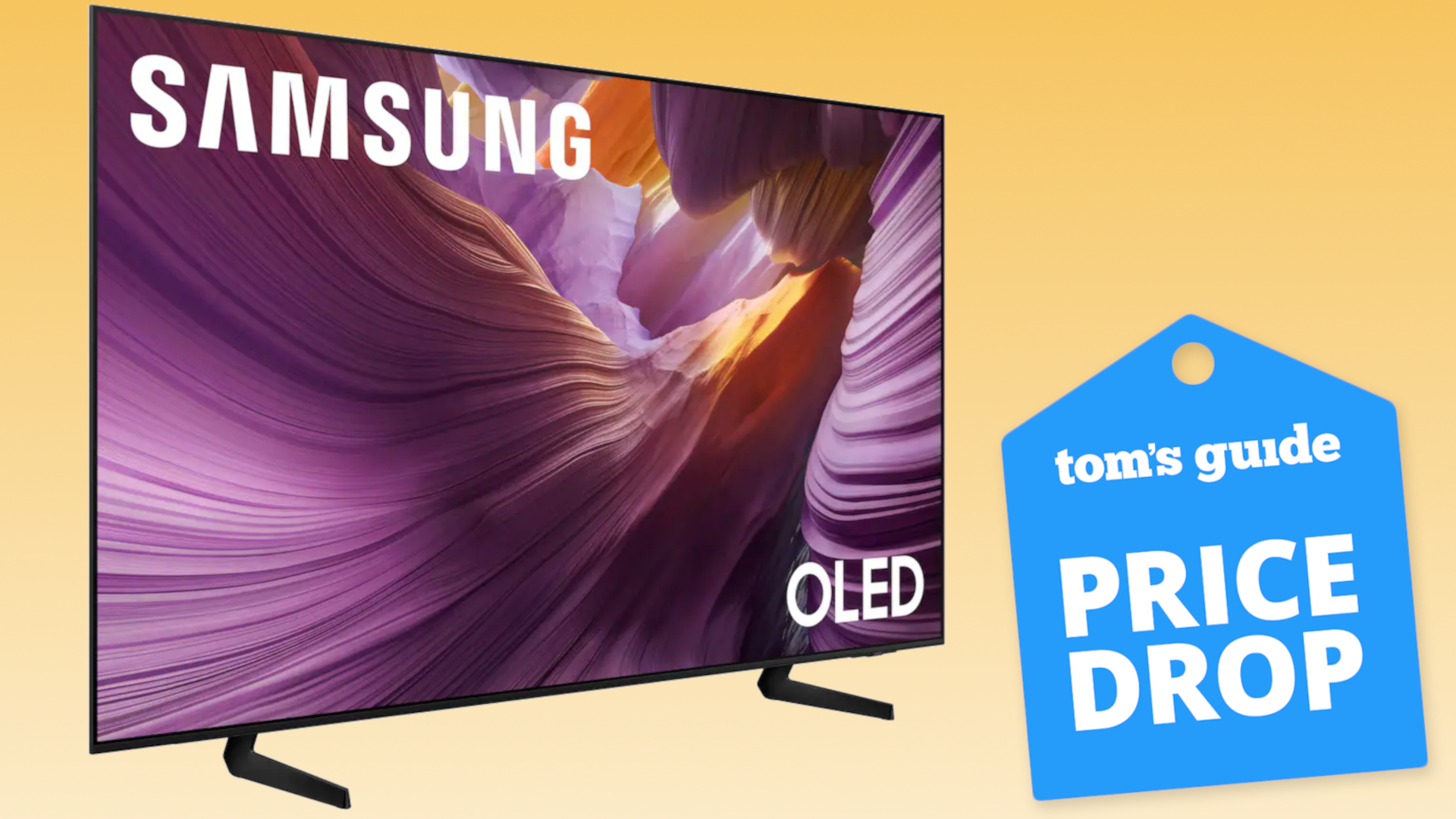 The Samsung S85F OLED TV alongside a superimposed, blue-colored badge that reads: "Tom's Guide Price Drop"