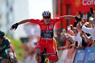 CASTELO BRANCO PORTUGAL AUGUST 19 Wout van Aert of Belgium and Team Visma Lease a Bike Red Leader Jersey celebrates at finish line as stage winner during the La Vuelta 79th Tour of Spain 2024 Stage 3 a 1915km stage from Lousa to Castelo Branco UCIWT on August 19 2024 in Castelo Branco Portugal Photo by Tim de WaeleGetty Images