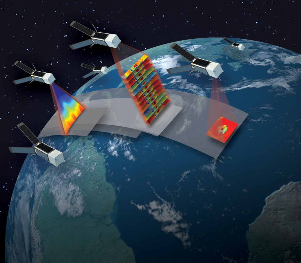 illustration of swarm of satellites flying over earth beaming colorful signals to the surface