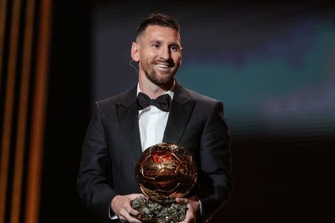 Lionel Messi receives his 8th Ballon d'Or award during the 2023 Ballon d'Or France Football award ceremony at the Theatre du Chatelet in Paris on October 30, 2023.