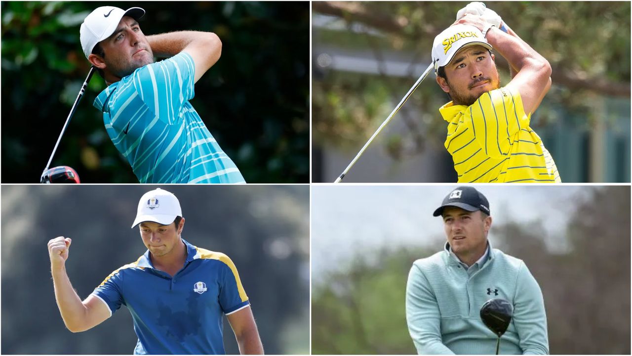 A montage including Scottie Scheffler (top left), Viktor Hovland (bottom left), Hideki Matsuyama (top right) and Jordan Spieth (bottom right).