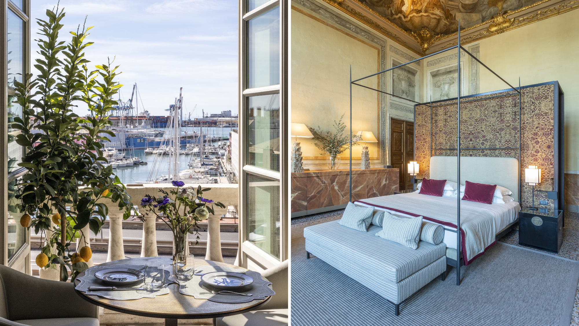 Composite image: A view from the balcony of a suite at Palazzo Durazzo with view across harbour, and a picture of a four poster bed
