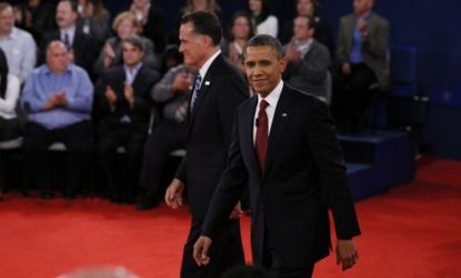 Obama and Romney ending the second presidential debate on Oct. 16 in New York