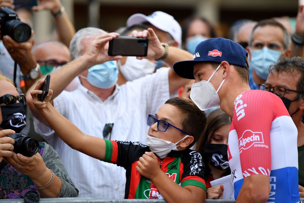 CASCIA, ITALY - SEPTEMBER 10: Start / Mathieu Van Der Poel of The Netherlands and Team Alpecin-Fenix / Fans / Public / Mask / Covid Safety Measures / Selfie / Children / during the 55th Tirreno-Adriatico 2020, Stage 4 a 194km stage from Terni to Cascia 645m / @TirrenAdriatico / on September 10, 2020 in Cascia, Italy. (Photo by Justin Setterfield/Getty Images)