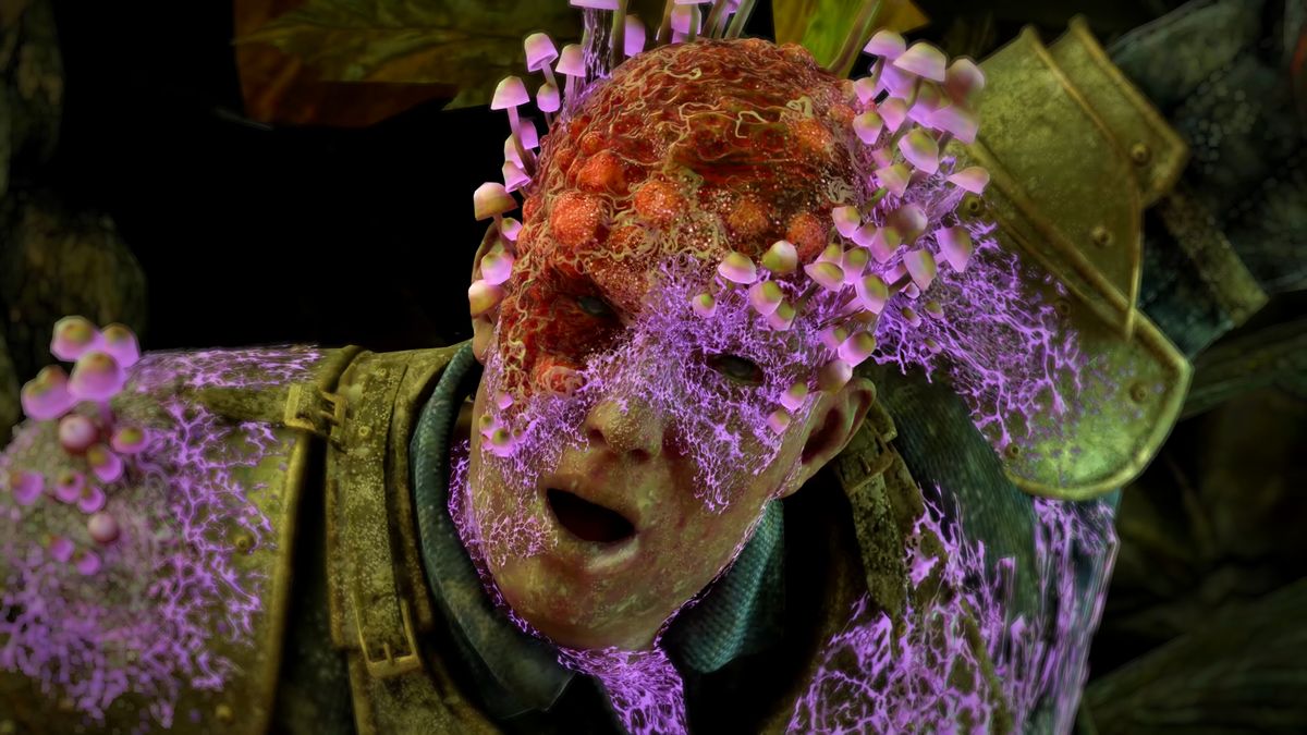 Avowed screenshot showing a corpse-like figure&#039;s face with glowing purple mushroom/spore growths