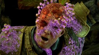 Avowed screenshot showing a corpse-like figure's face with glowing purple mushroom/spore growths