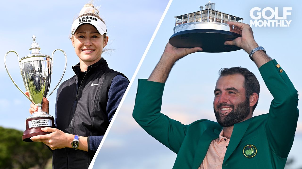 Nelly Korda and Scottie Scheffler hold trophies