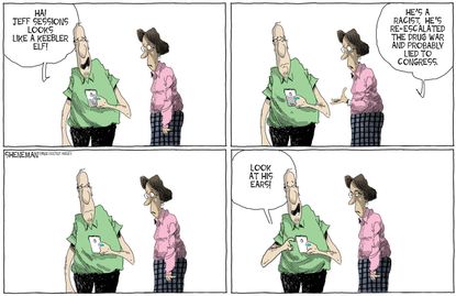 Political cartoon U.S. Jeff Sessions testimony elf