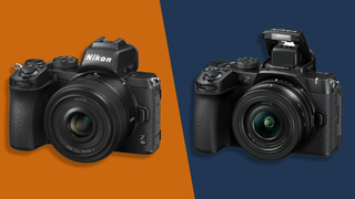 Graphic showing the Nikon Z50 and Z50 II mirrorless cameras side-by-side, from a front angle